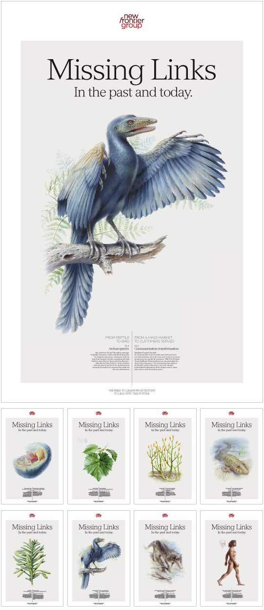 New Frontier Group annual report  prehistoric hand-drawn corporate publishing