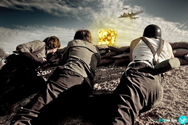 desert War world fight epic Theatrical dark artistic photo shoot sand Gun plane bomb explosion moon giant