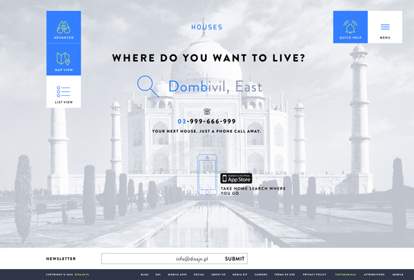 Web UI design minimal clean India poland blue portal Platform houses search light