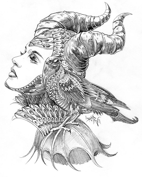 maleficent movie ben kwok bioworkz bioworkz.com vector art artwork dark evil crow raven pattern ornate