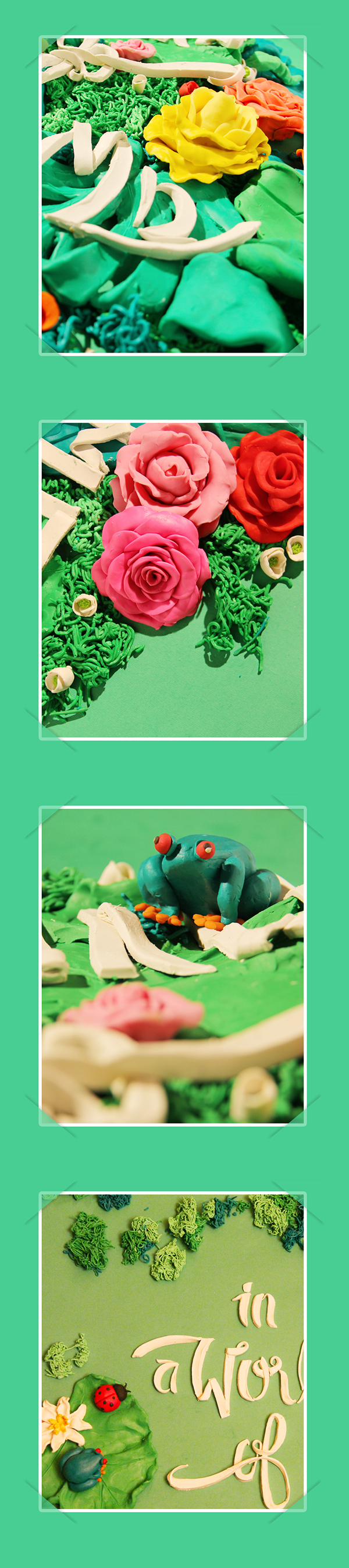 Flowers frog ladybird typo leaves clay
