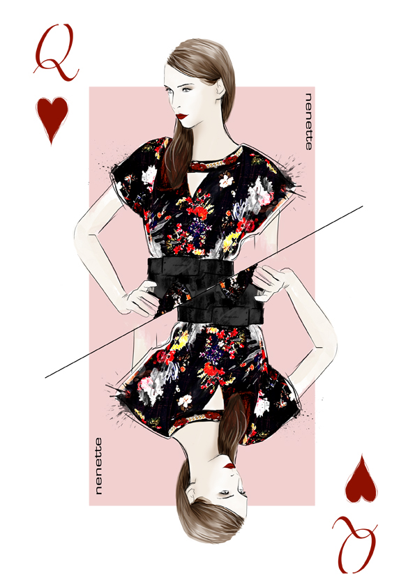Playing Cards fashion illustration hearts spades diamonds clubs queen queen of hearts Queen of spades queen of clubs queen of diamonds