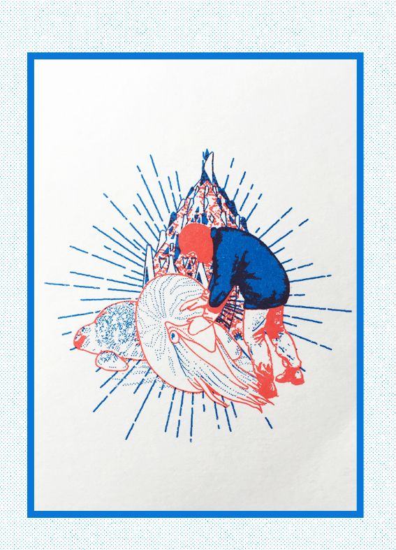 Riso Riso Print Risographie graphisme graphic design+riso print affiche flyer bleu rouge impression sérigraphie silkscreen art print nautilus