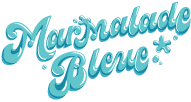 A small 70s retro-style logo with little splashes around the text that says "Marmalade Bleue"