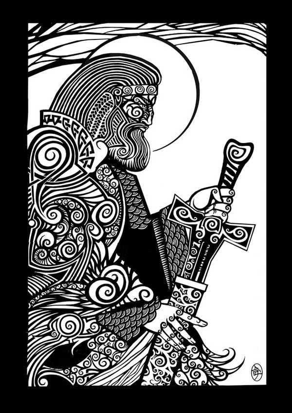 Linoprint Slavic mythology pattern ornaments gods Veles Perun lada graphic
