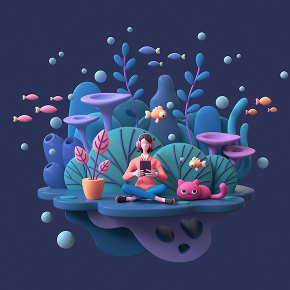 3D background cartoon Cat concept art girl minimal art stylized underwater VisDev