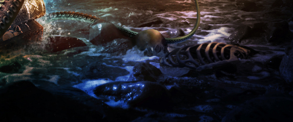 digital illustration  photoship  kraken  squid  mythology  Mythological Creature  deep sea  ocean  Pirate Ship  pirates  Waves Crashing  skeletons