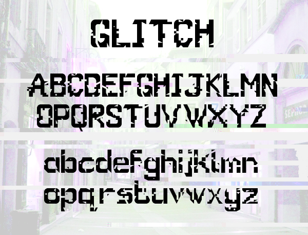 Glitch art font free Free font Destroyed distoted digital eroded grunge pixel