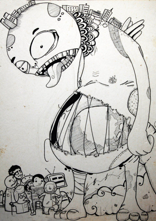Grayminded monster robot greed world man camera phone ipod art Illustrator pen ink animals penguin FOX chicken Panda  grae joquico