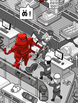 robot  droid Wimmelbild Editorial Illustration Isometric vector art pixel fabrik conveyor assembly line star wars science fiction details Internet of Things smart factory