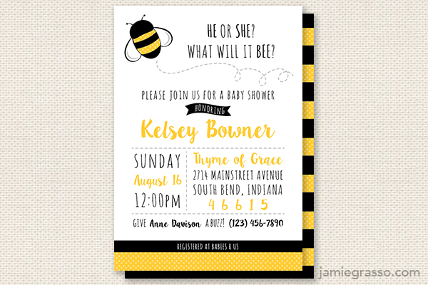social stationery gender reveal Baby Shower Invitation Baby Shower Invite invite Invitation Bumblebee bee black and yellow bright Playful polka dots Swiss Dots gender neutral baby