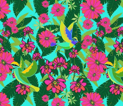 jungle Flowers paradise hummingbirds pink green aqua Tropical textile Repeat Pattern Original