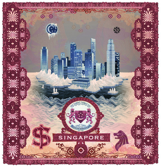 money currency decorative border elaborate Foreign Global economics lawyer law kristian olson editorial magazine cold weather waves buildings Cities city skyscraper India Russia singapore abu dabai digital photoshop Editorial Illustration advertising illustration Magazine illustration