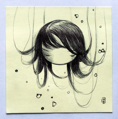 Post-It Note small drawing ball-point pen ink cute girls bugs Line drawings yellow stasia