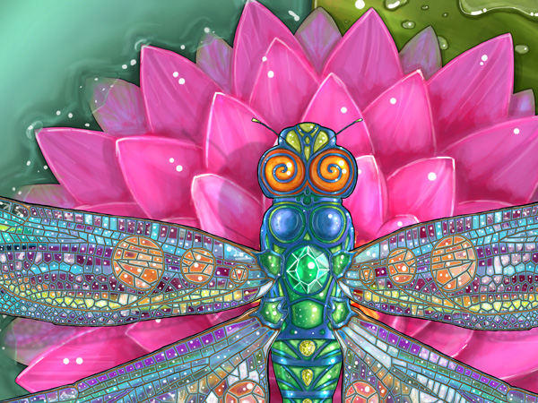 dragonfly water lily leaves leaf drop crystal insect flower digital blue green pink