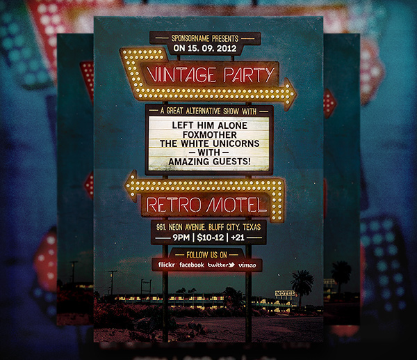flyer poster print template motel hotel vintage Retro oldies neon light sign night indie rock gig
