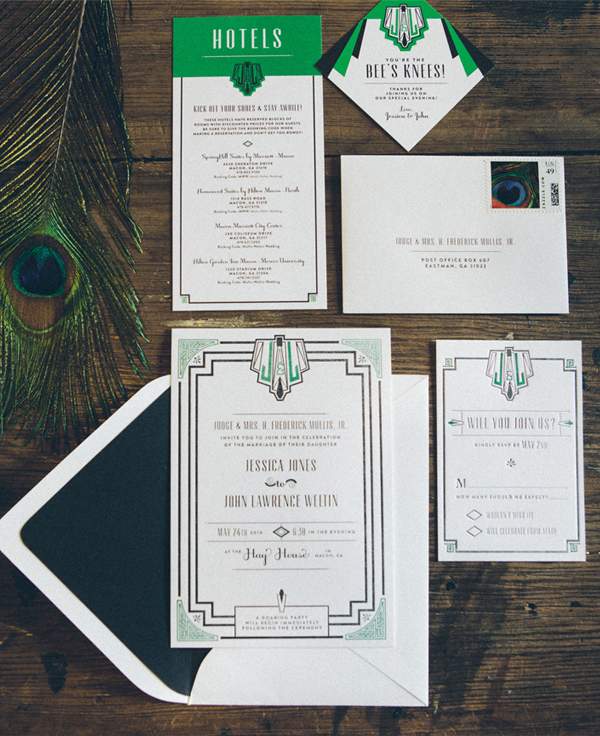 wedding Invitation letterpress Event styling  1920s art deco gatsby floral Brand Package vintage peacock glamour