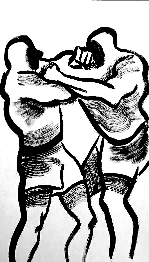 ink black and white figures Rugby art