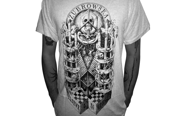 tee shirt design escher black & white skull