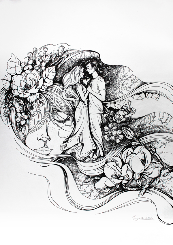 art ink Love spring Flowers black white paper gel pen line decorative girl couple hand drawing romantic Portret