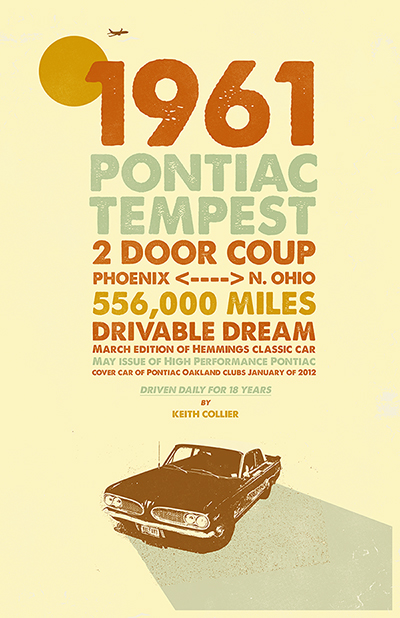 vintage car Pontiac tempest ILLUSTRATION  graphic design  mountains plane moon road