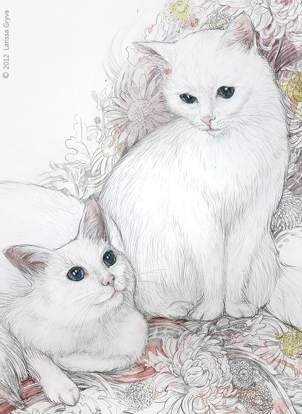 tenderness art paper watercolor pencil Flowers animals rabbit Cat White rose hand drawn grey light color