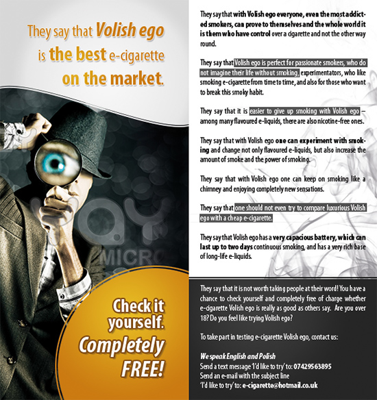 volish  ego cigarette e-cigarette tabacoo detective eye orange smoke smoking White professional ad leaflet flyer