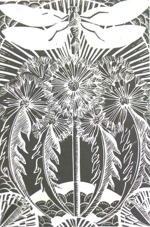 dragonfly Dandelions lino linoleum printmaking linocut insect