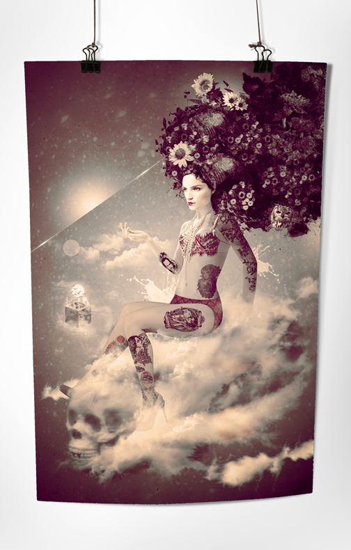 woman calavera bones diseño retoque fotografico fotografia reina francesa sueños  nubes cubos pajaros volar