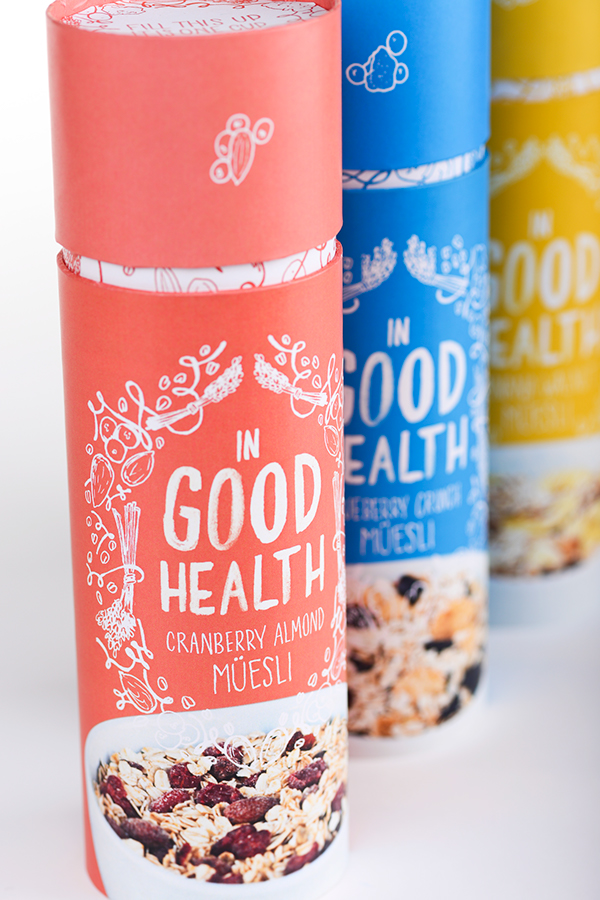 IN  good  health  muesli  Packaging  canister  cereal breakfast Food  Playful Illustrative graphic design healthy
