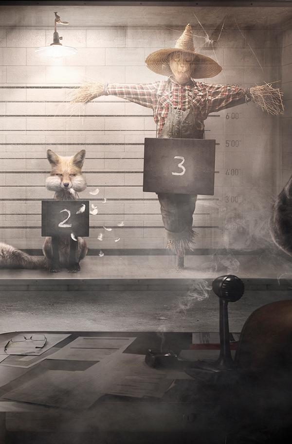 Purina cow FOX mouse prison police line-up dog smoke dark scarecrow