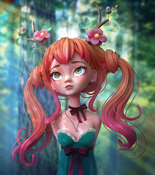 Character stylized cartoon fairytale deer girl druid concept fantasy portrait