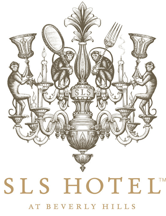 SLS Hotel Steven Noble monkeys chandelier logo scratchboard line art woodcut