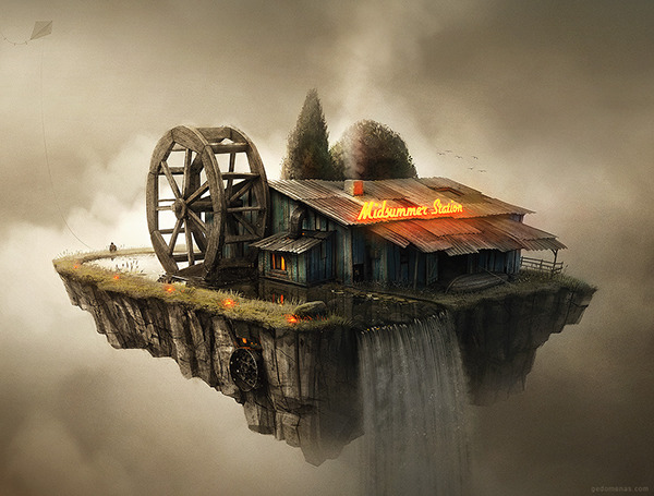 gedomenas  gediminas pranckevicius  surreal concept art train Tree  pig Character bird house clouds waterfall wolf rembrandt robot