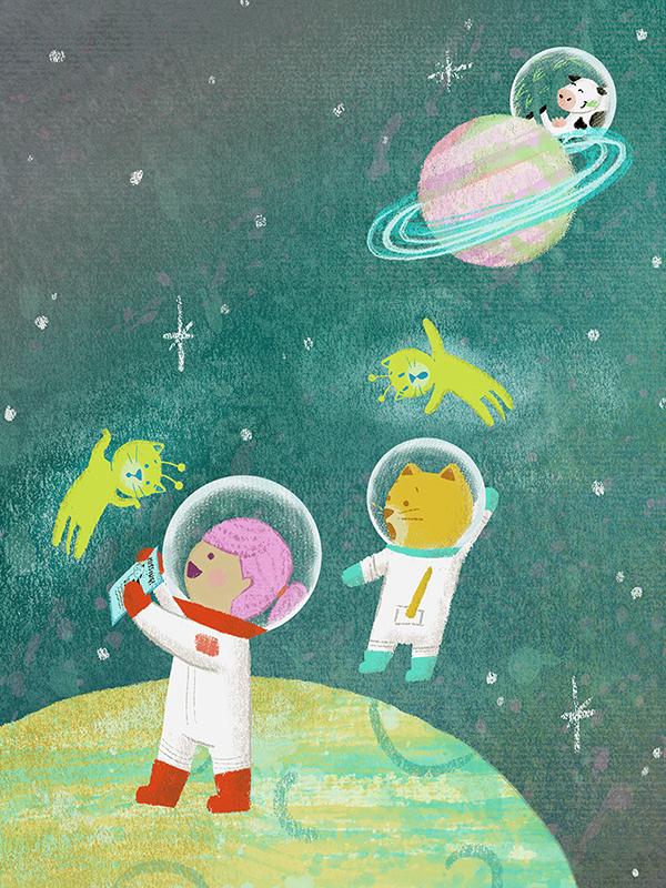 children's book illustration Space  Cat spaceship astronaut