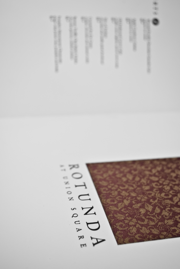 Rotunda Union Square menu binding handbound kile brekke accordian fold type Sabon leather restaurant neiman marcus san francisco page layout square round grid