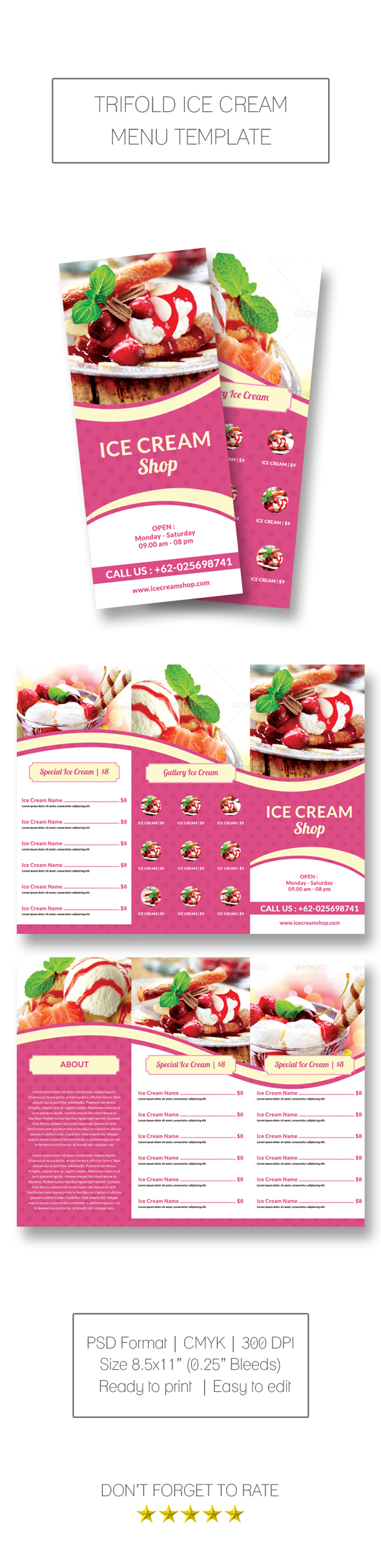 trifold trifold menu menu foo drink ice ice cream restaurant food menu print template tri-fold flyer brochure promo