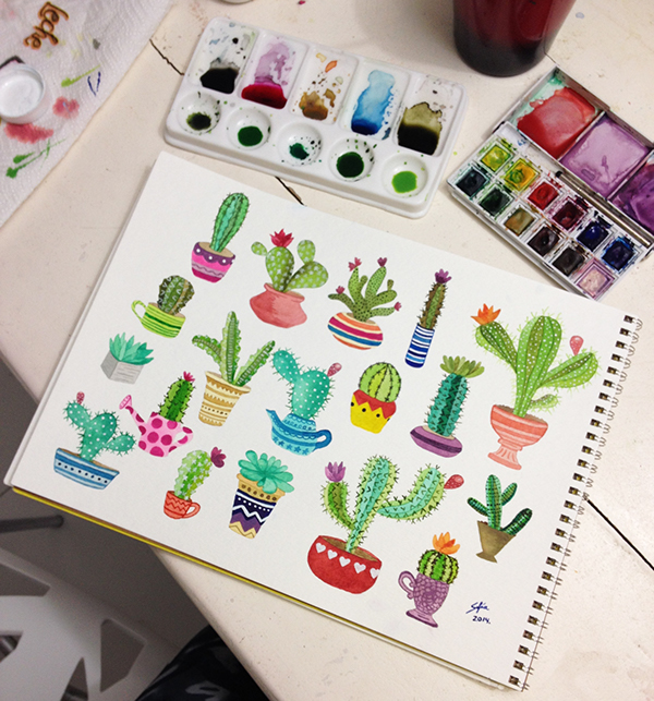 acuarela watercolor cactus plants Nature ilustracion ilutration paint