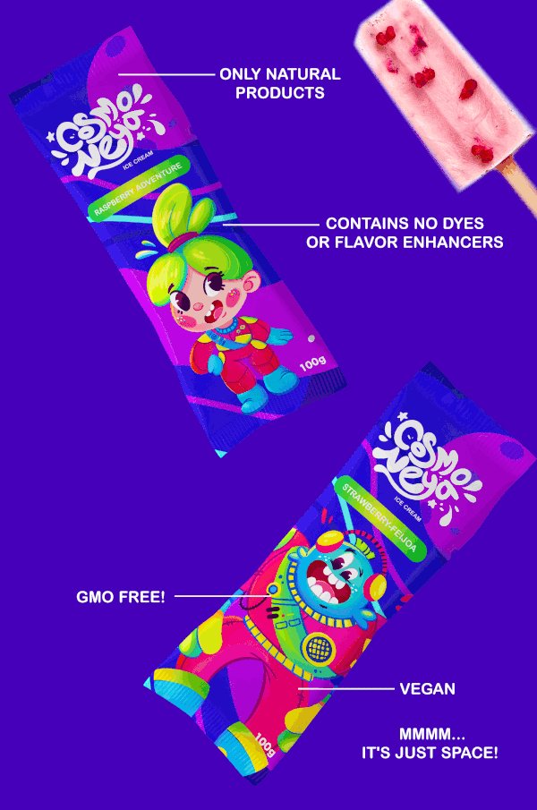 Brand characters for "Cosmo Neya" ice cream brand