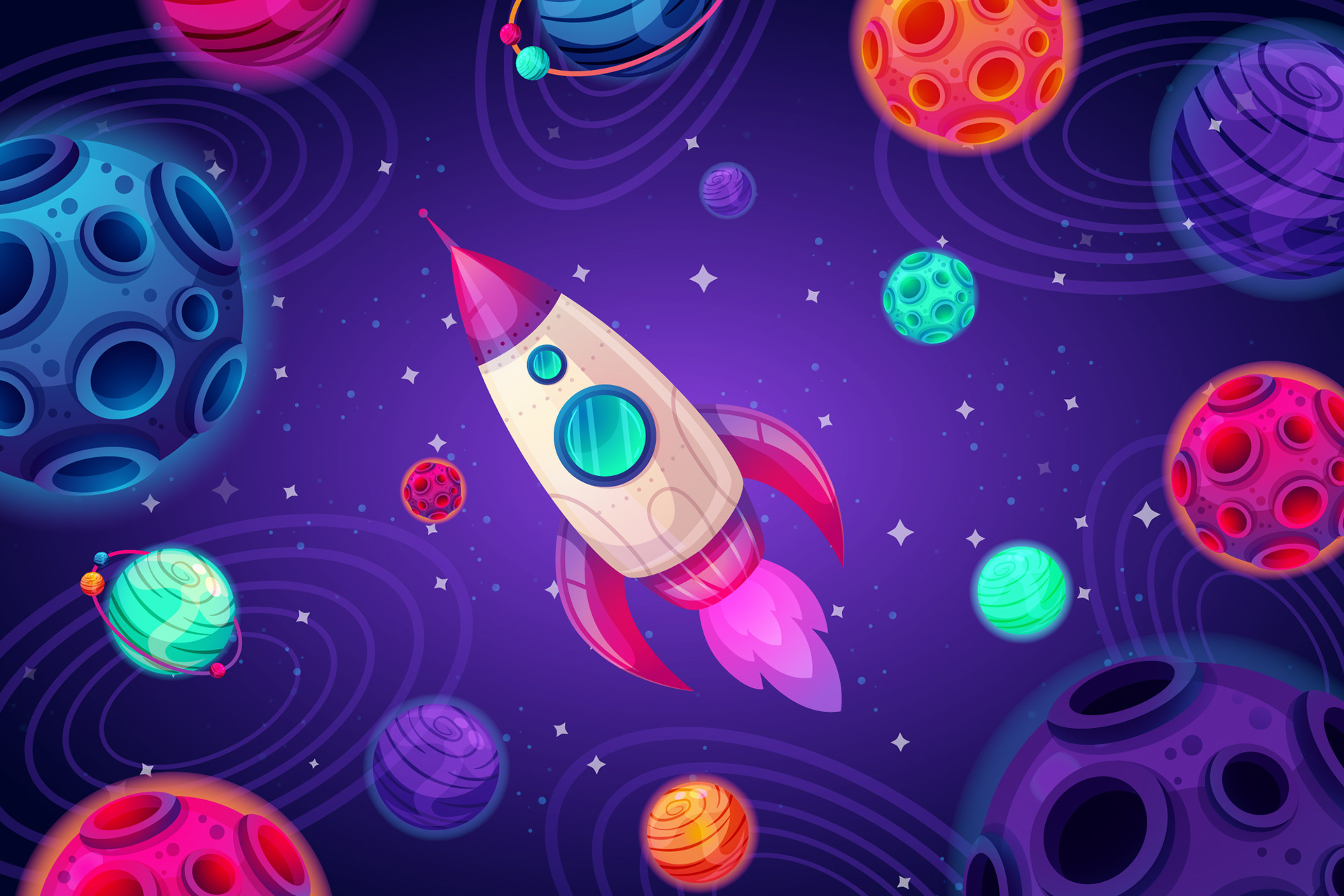 Space rockets Planets galaxy stars vector art flat design character on rock...