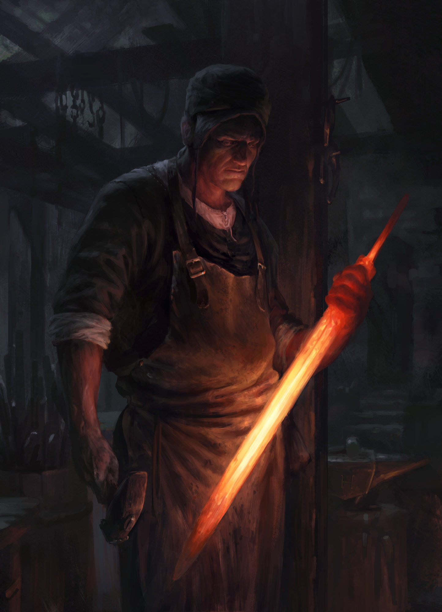 medieval Blacksmith Character forge anvil dark melted Sword hammer.