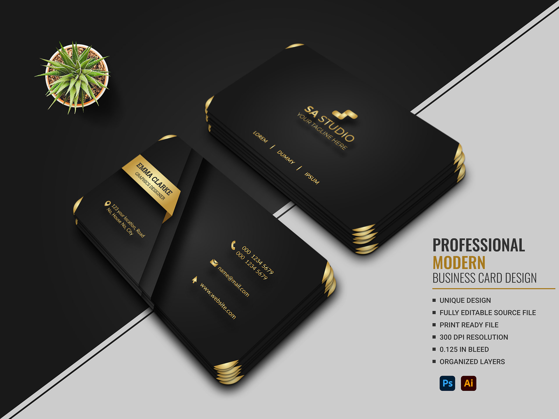 This is a Creative Modern Black & Golden Luxury Business Card Design.