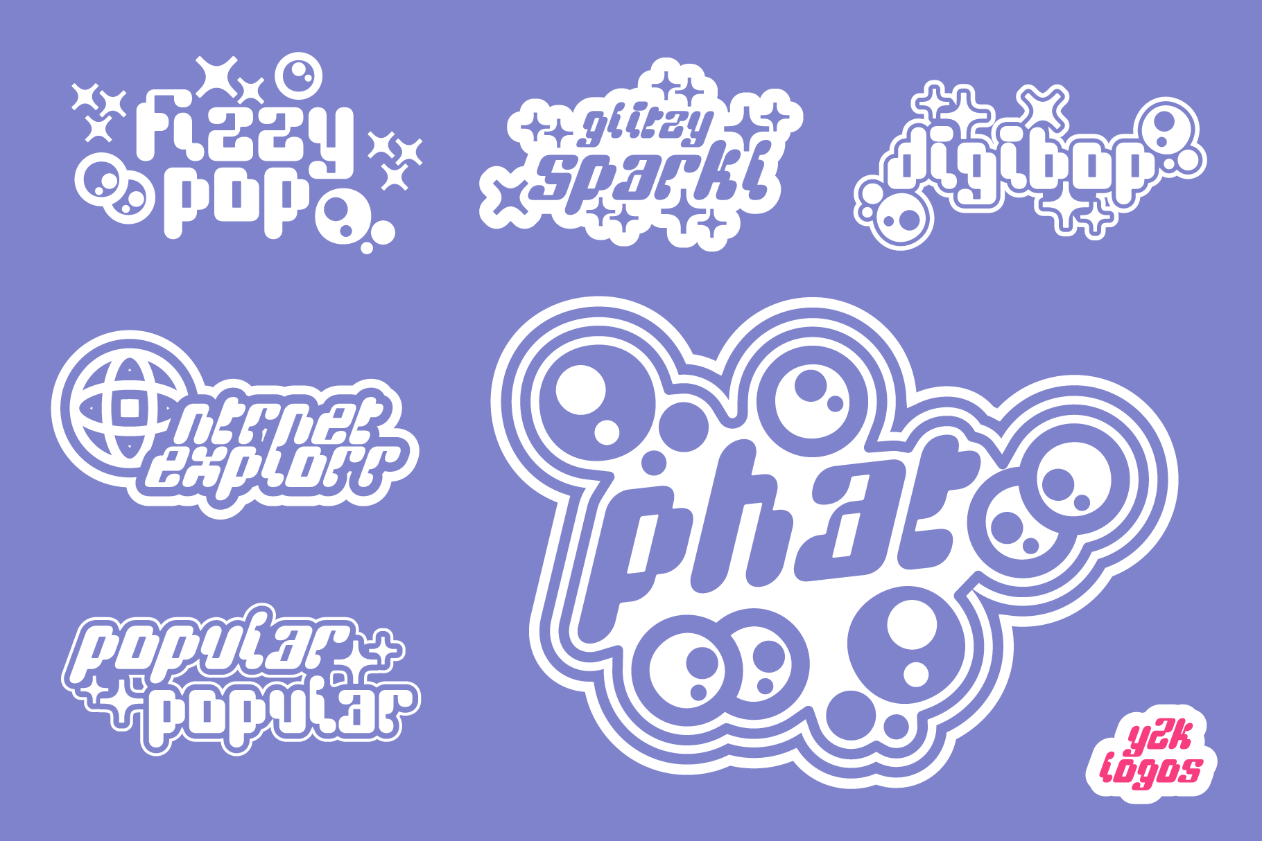 6 logos using DigiBop Font on a purple background