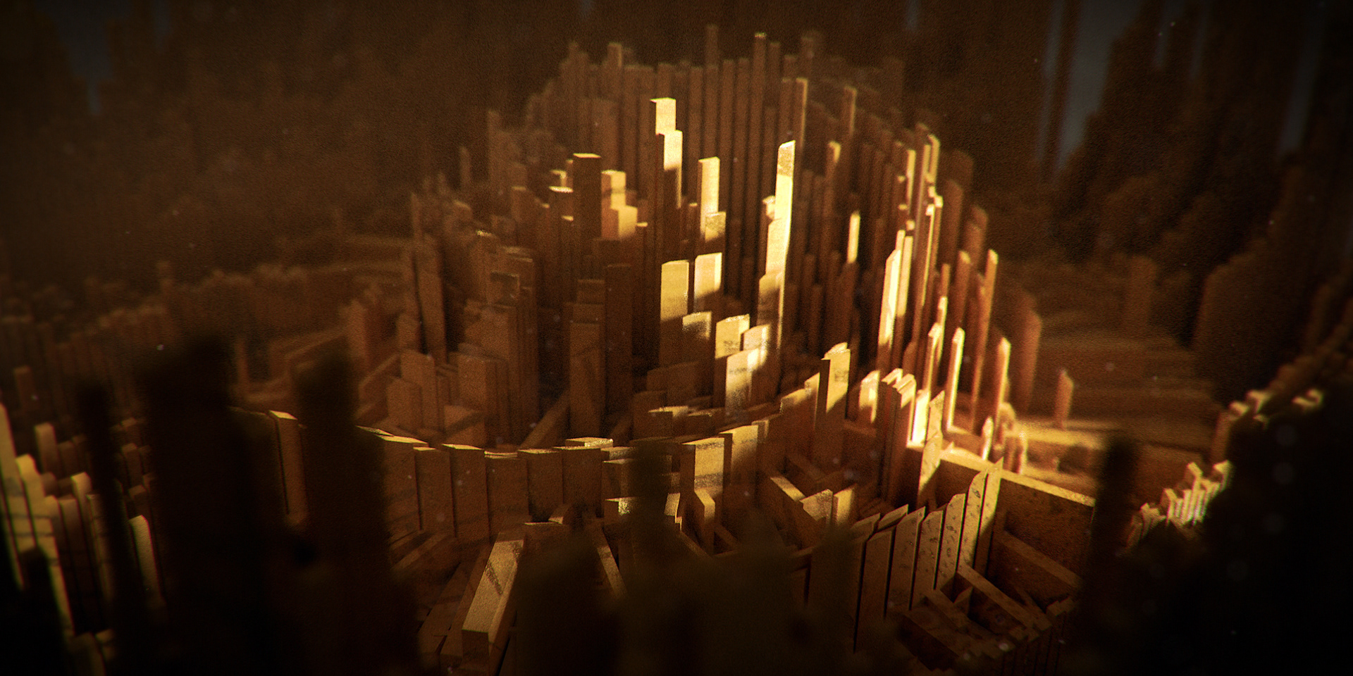 Abstract 3D rendering of geometric shapes lit with dramatic lighting. Made using 3ds Max & Redshift.