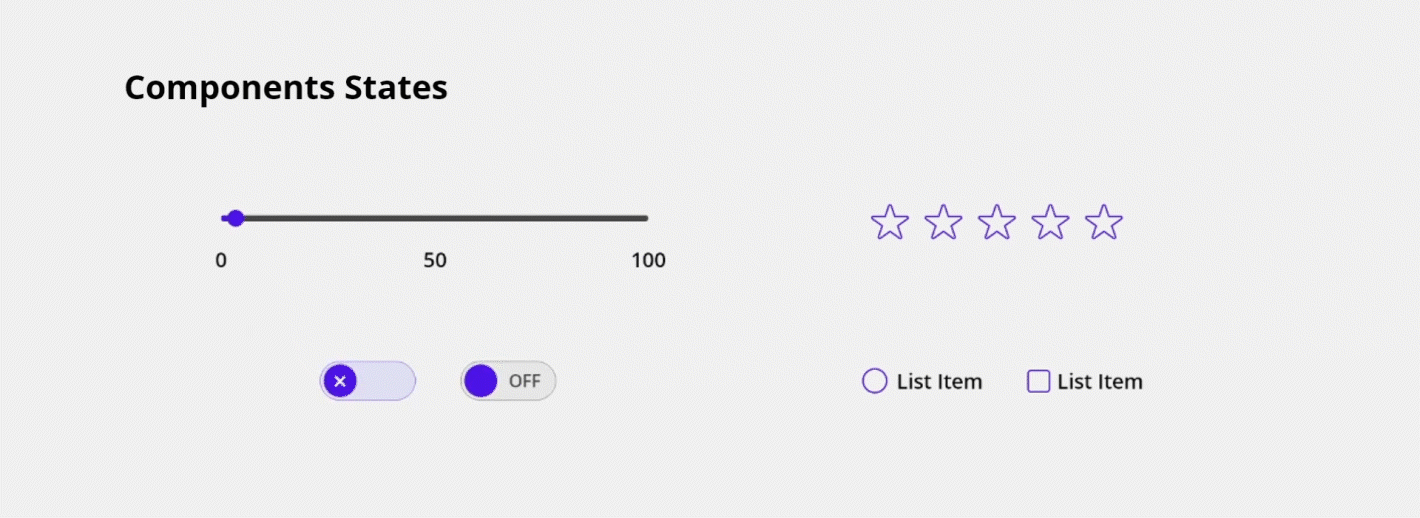 Components States, animated components: slider, star rating, switch, radio button and checkbox.