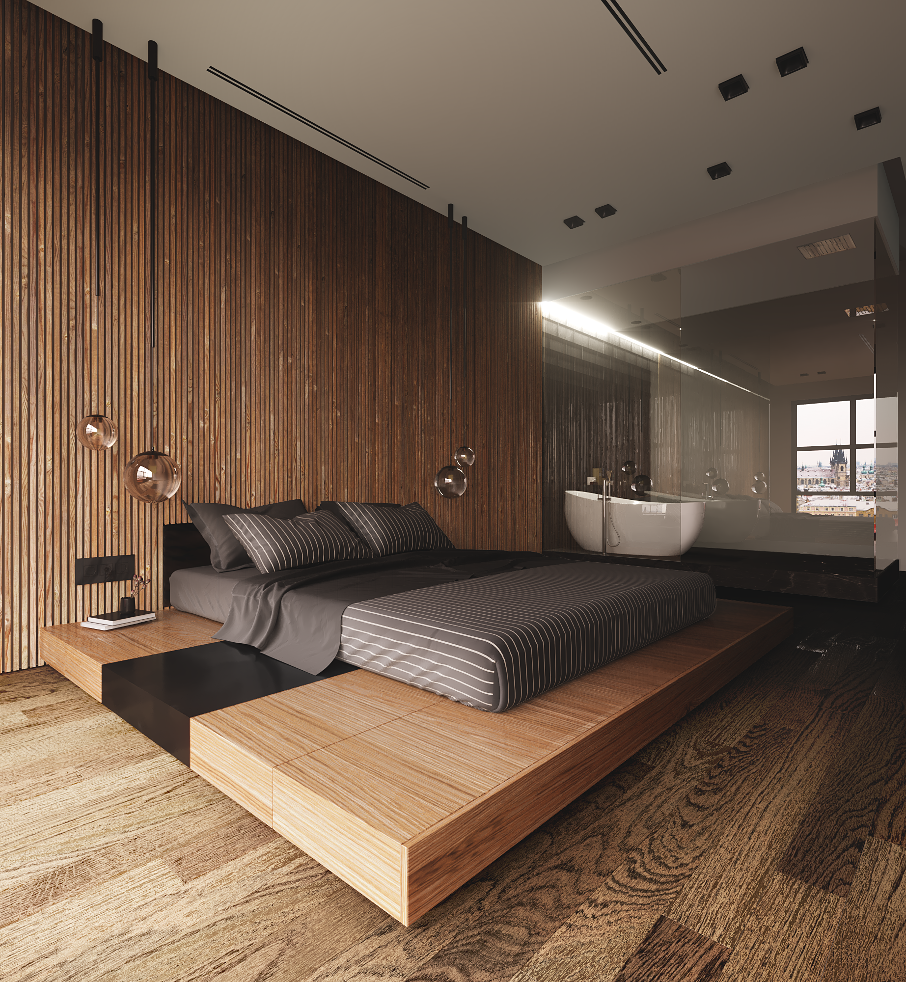 Деревянный минимализм конкурс. Спальня в современном стиле с деревом. Спальня с деревянными рейками. Дерево в современном интерьере. Деревянные рейки в интерьере.
