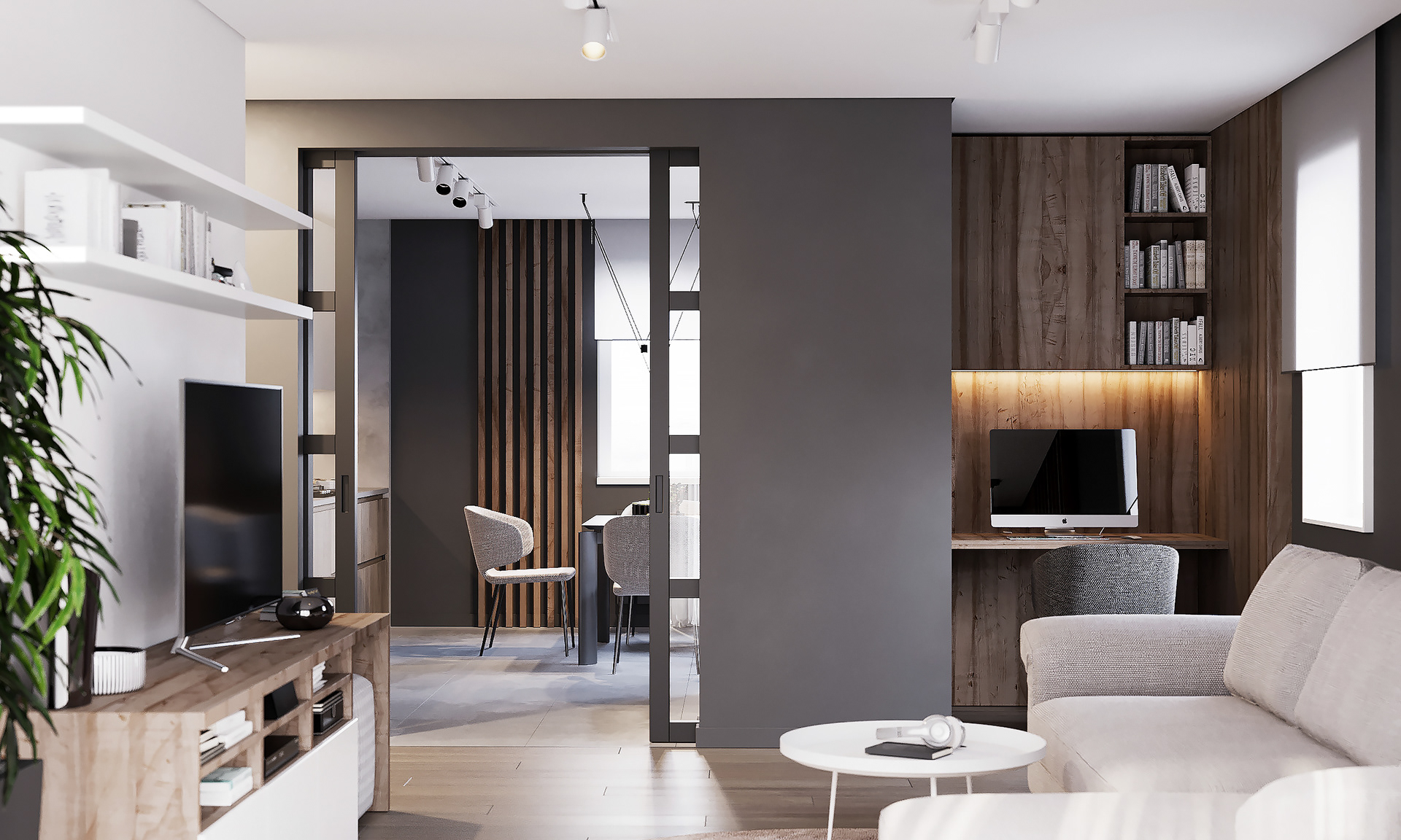 IconP - Thiết kế chung cư căn hộ phong cách hiện đại, gam màu đen, xám độc đáo, kết hợp với gỗ và nhấn màu vàng ấn tượng