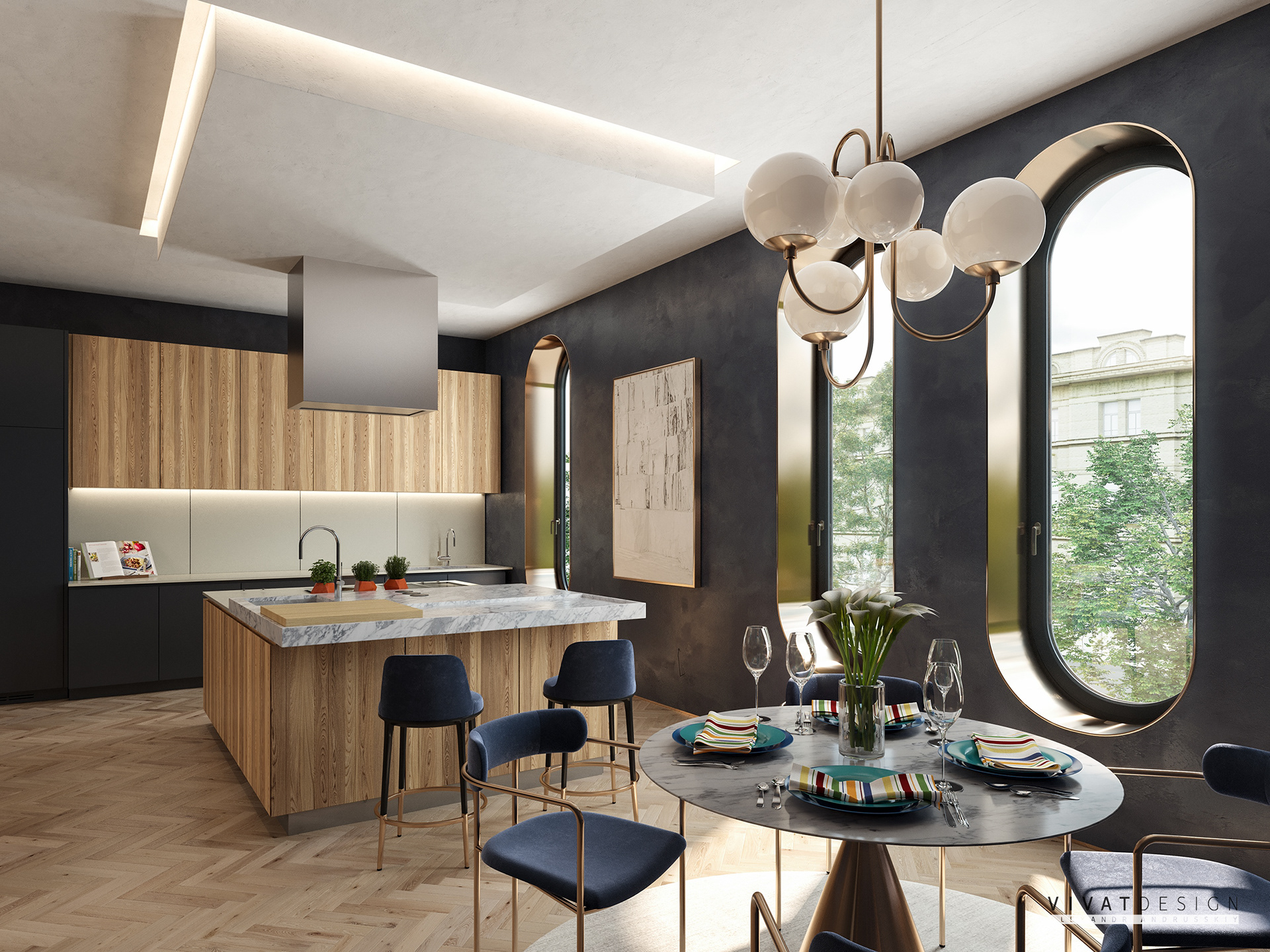 IconP - Thiết kế chung cư căn hộ gam màu nâu be hiện đại, lấy gỗ làm trọng tâm, khung cửa sổ tròn