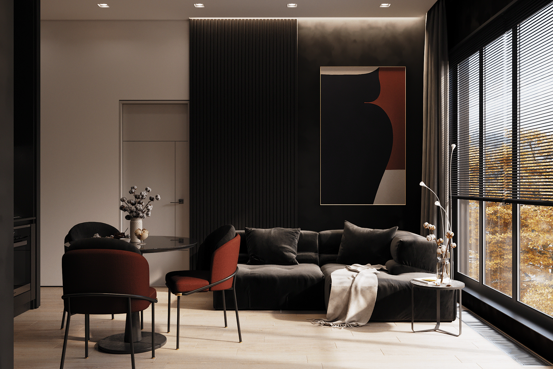 IconP - Thiết kế chung cư căn hộ phong cách hiện đại, gam màu đen độc đáo, kết hợp với tranh, ánh sáng và gỗ