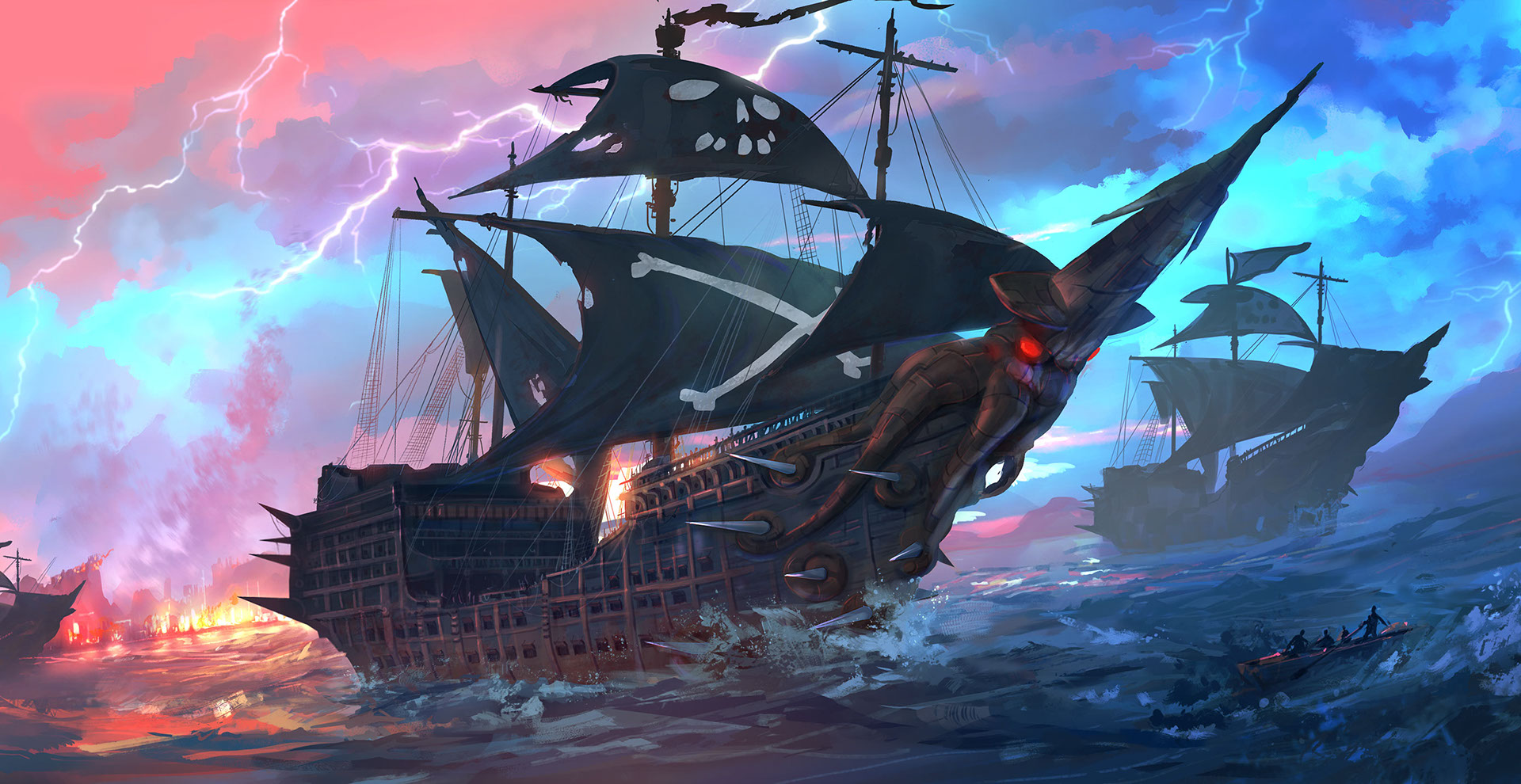 ships sea pirates thunder fire boat.